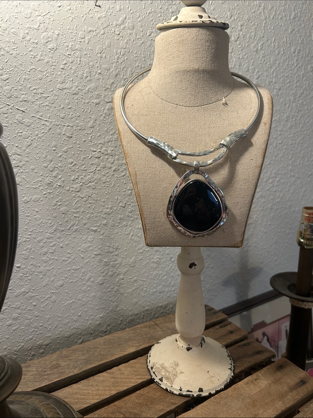 Silver look Collar Necklace with large Black Teardrop Pendant whimsigoth